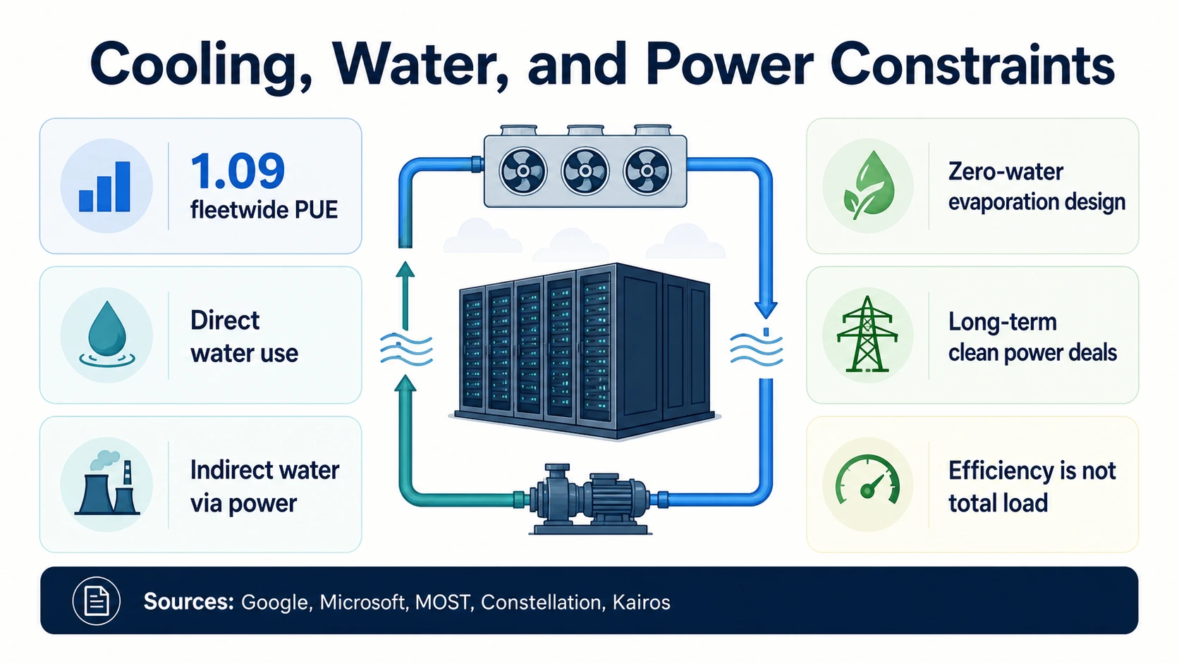 Cooling loop infographic with cards for Google PUE, direct water use, indirect water through power, zero-water evaporation design, and clean power deals.