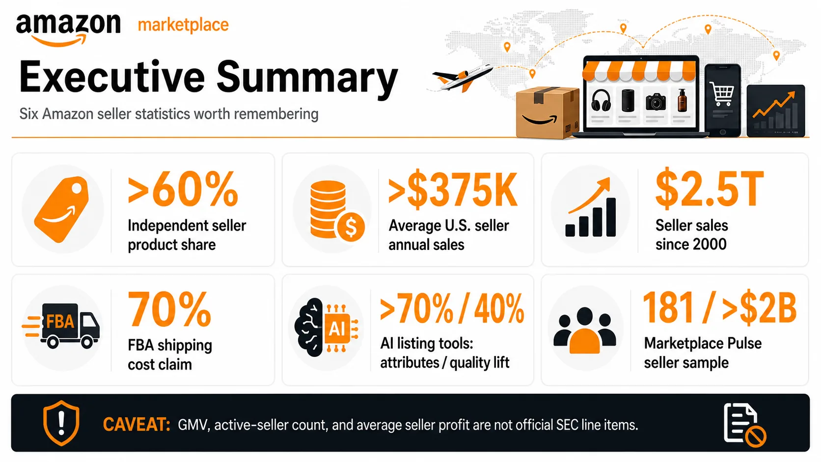 Executive summary infographic of top Amazon seller statistics and caveats