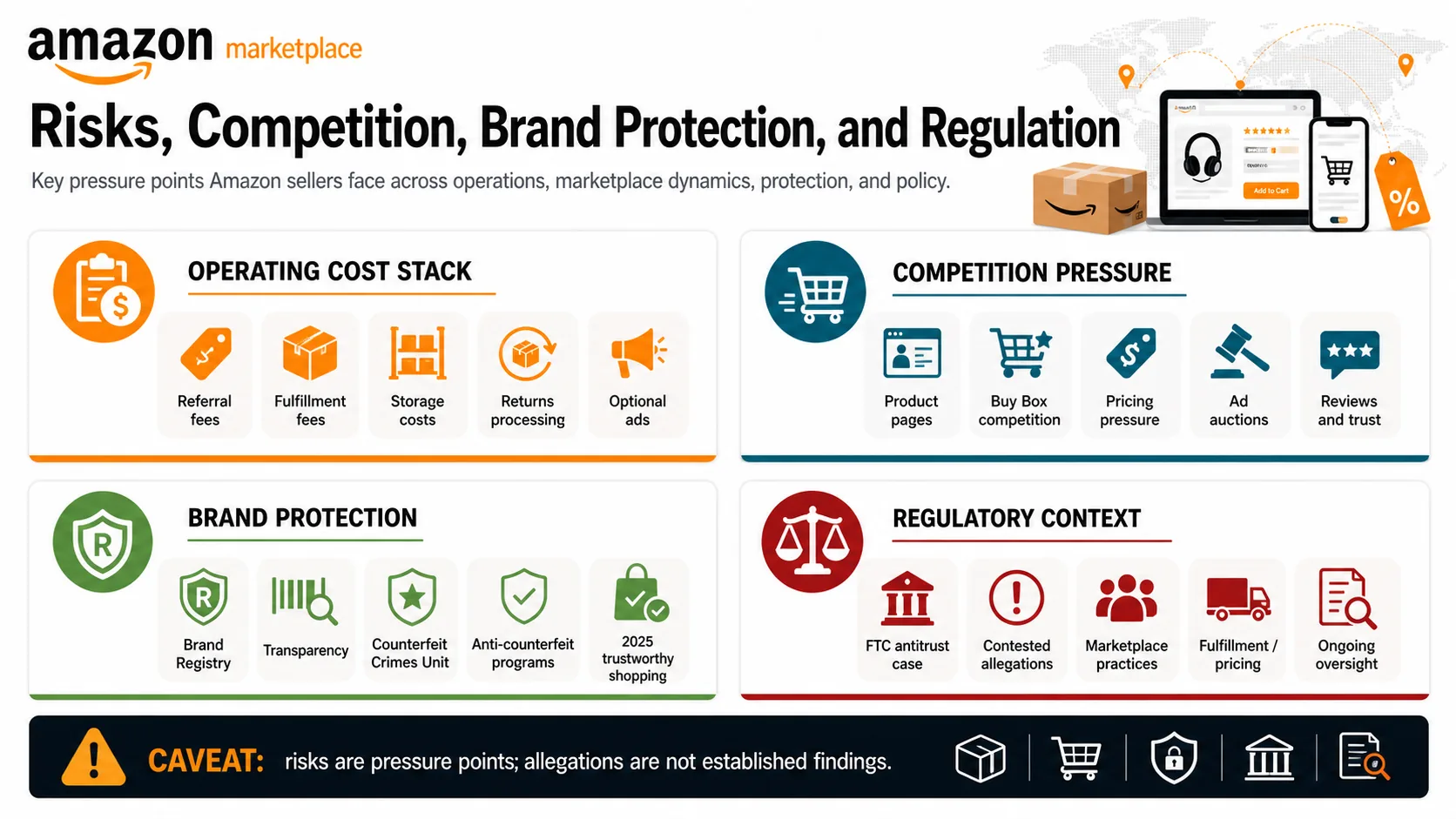 Amazon seller risk infographic covering operating cost stack, competition pressure, brand protection programs, and regulatory context