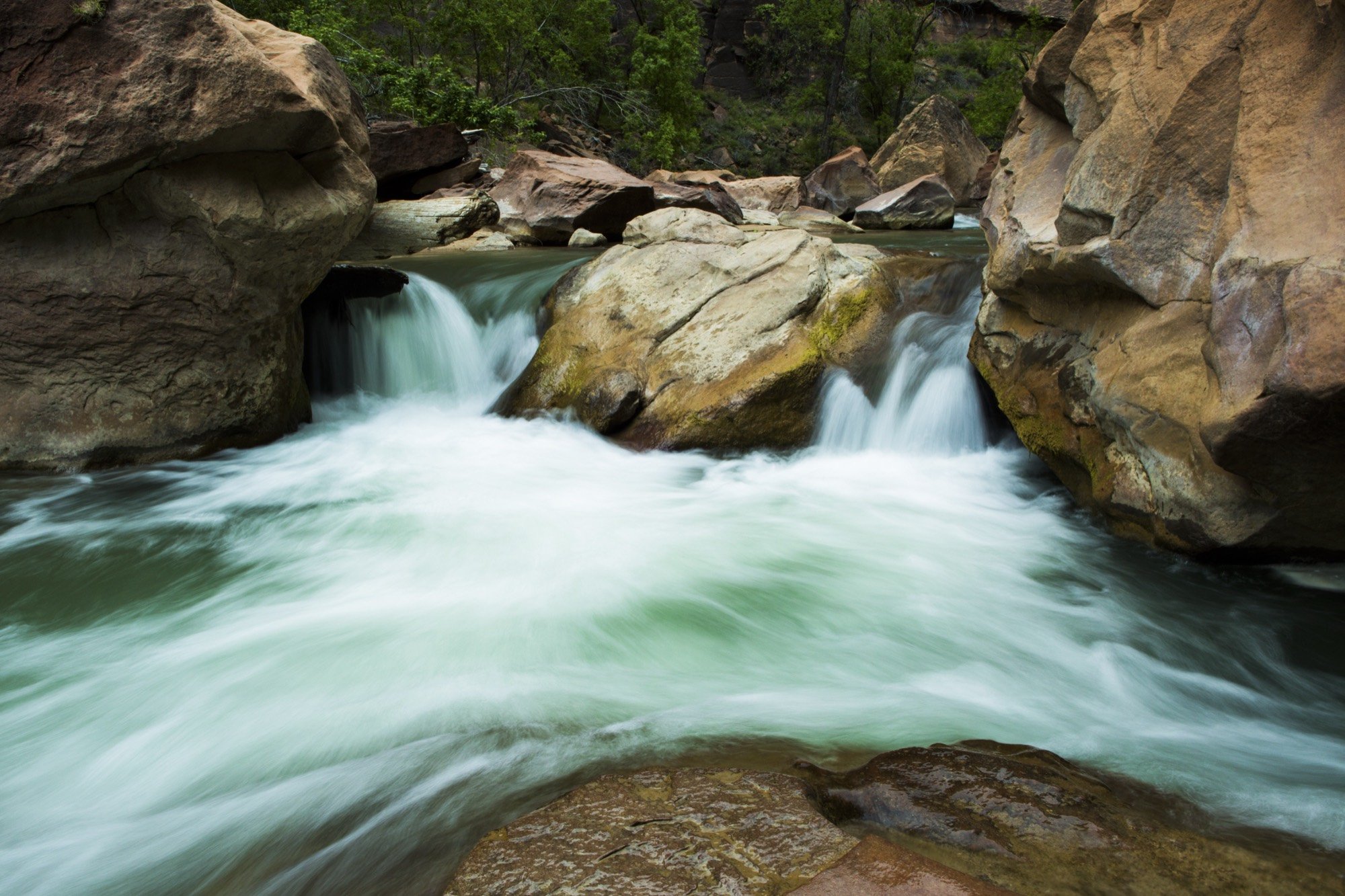 Silky water rushing between boulders in a green river