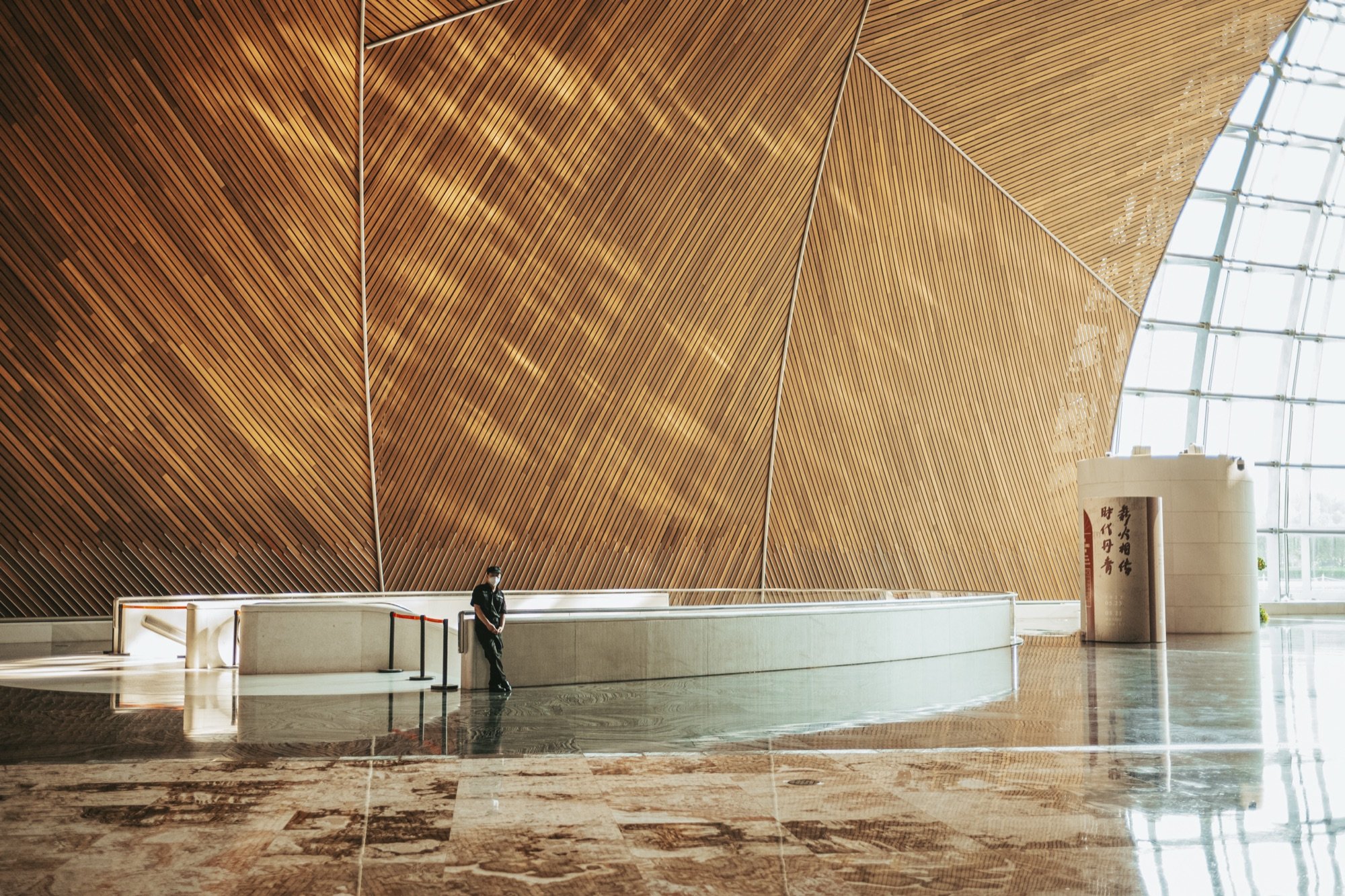 A figure under a curved timber atrium