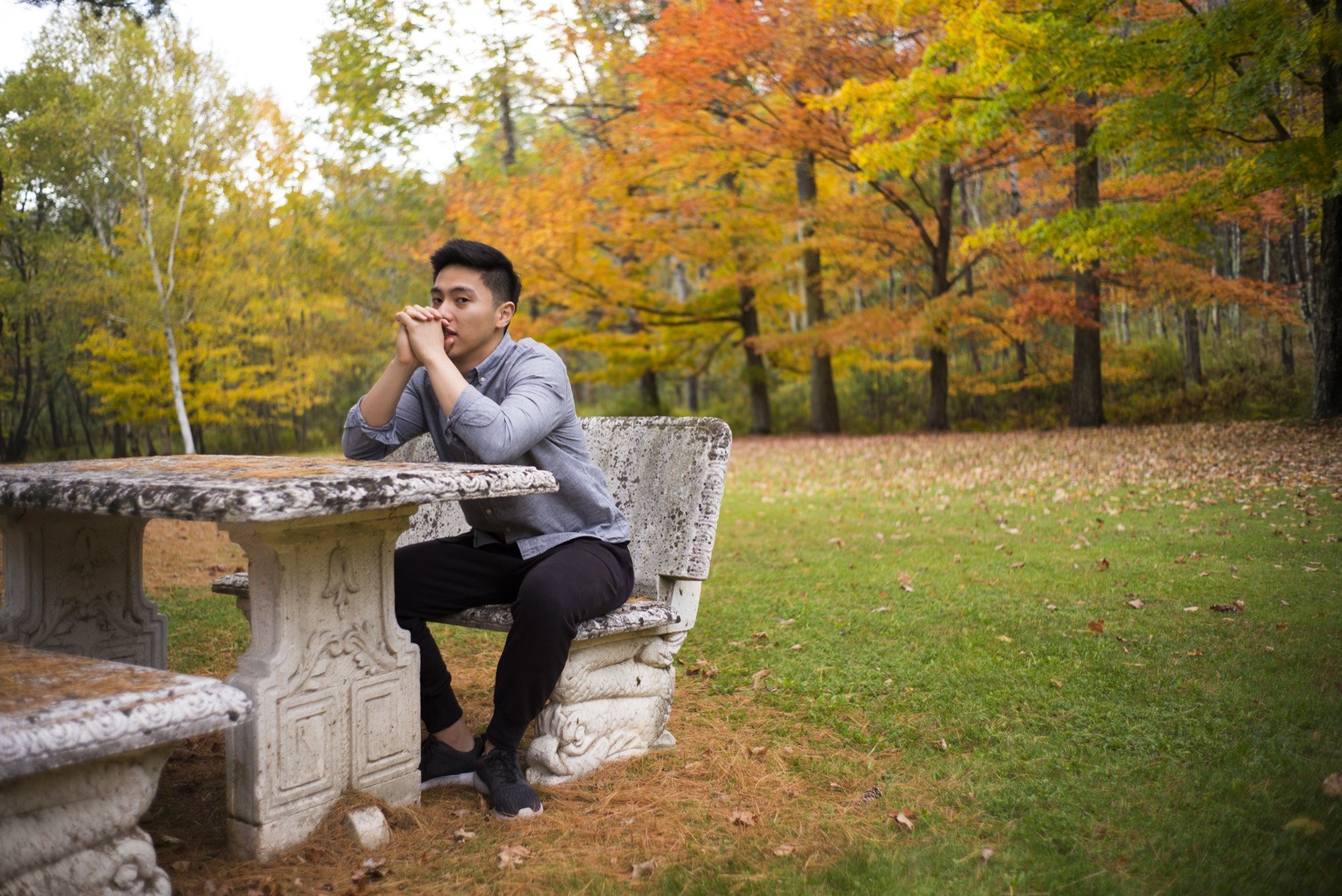 A young man on a stone bench among autumn trees