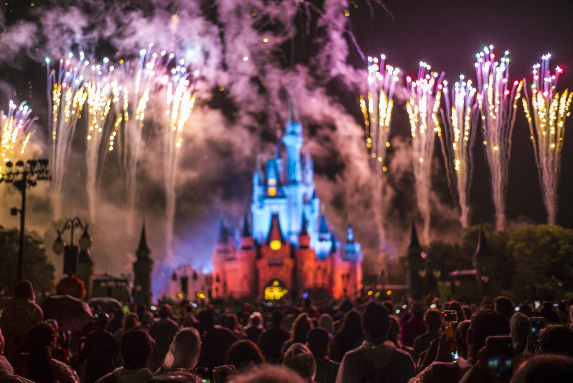 Fireworks over a castle and crowd
